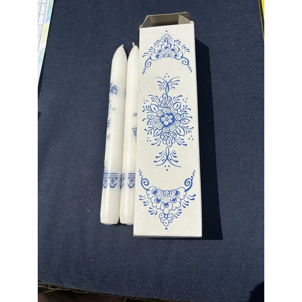 Delft Blue & White Floral Taper Candles Flowers Peacock Holland Set Of 2